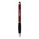 A red stylus pen with a black grip and a metallic finish, featuring a logo.