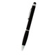 A black stylus pen with a silver clip and tip, featuring a rubber end for touchscreen use.