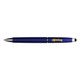 A blue stylus pen with a silver tip and branding on the side.