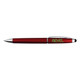 A red stylus pen with a silver clip and tip, featuring a logo on the side.