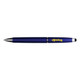 A blue stylus pen with a silver trim and branding.