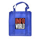 A blue shopping tote bag with a gusset, featuring a central logo and dual handles.