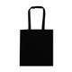 A black tote bag with two handles and a blank surface, featuring a logo on one side.