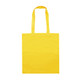 A vibrant yellow tote bag with two handles, featuring a plain design and a logo.