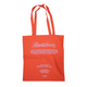 An orange tote bag with shoulder straps and a printed logo and text design.