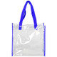 A clear tote bag with blue handles and trimmings, featuring a simple design and no visible branding.
