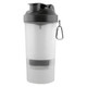 A drink bottle featuring a black lid and a clear body, with a built-in compartment and a logo.