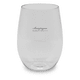 A stemless, shatterproof red wine glass in clear plastic with a logo. Suitable for outdoor use.