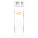 A drink bottle made of clear Tritan with a transparent design and a silver lid. It features a small logo.