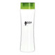 A drink bottle with a transparent body and a green screw-on lid, featuring a logo.