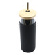A drink bottle featuring a black plastic body, bamboo lid, and stainless steel straw. It has a logo.