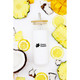 A drink bottle featuring a white design, a wooden lid, and a straw, surrounded by tropical fruit slices.