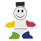 A multi-coloured, smiling character-shaped highlighter with a brush-like top and a logo on its body.