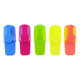 A collection of highlighters in blue, pink, green, yellow, and orange, displayed in a row with a brand logo.