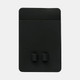A black silicone phone wallet featuring two slot openings and a smooth surface, with a logo on the front.