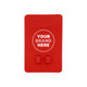 A red silicone phone wallet featuring a logo area and two adhesive strips on the back for attachment.
