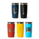 A drink bottle collection featuring four tumblers in black, red, yellow, and turquoise, with various logos.