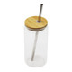 A drink bottle featuring a clear body, bamboo lid, and metal straw. It includes a logo on the side.