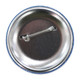 A 32mm button badge featuring a shiny silver back with a metal pin for attaching, surrounded by a blue edge.