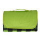 A green picnic blanket with a black and green checkered pattern, featuring a fold-over flap and carrying handle.