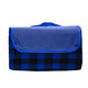 A picnic blanket in blue and black check pattern, featuring a blue flap and a carrying handle.