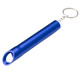 A drink bottle opener keychain in a vibrant blue colour with a metal keyring attachment.