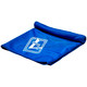 A blue cooling towel folded neatly with a logo printed on it.