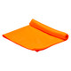 An orange cooling towel is rolled up, featuring a textured surface. It includes a logo.