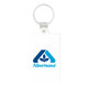 A clear rectangle keychain with a circular silver ring, featuring a blue logo.