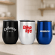 A drink bottle featuring three coffee mugs in black, white, and blue with various logos.