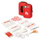 A red first aid kit containing bandages, gauze, scissors, tape, and other essential medical supplies, featuring a logo.