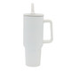 A drink bottle with a white finish, featuring a handle and a lid with a straw, has a logo on the side.