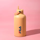 A drink bottle in a soft orange colour with a screw-top lid and a logo on the front.
