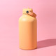 A drink bottle in a vibrant orange hue with a carry handle and a secure lid. It features a logo on the surface.