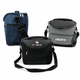 Three cooler bags in navy blue, black, and grey, each with adjustable straps and logos on the front.