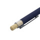 A bamboo click pen with a navy barrel, a bamboo tip, and a metal clip, featuring a logo.