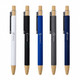 A collection of Abele Bamboo Click Pens in white, black, blue, grey, and a natural bamboo finish, featuring branding.