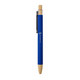 A blue pen with a bamboo clip, featuring a sleek design and a branding logo. Ideal for writing.
