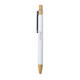 Abele Bamboo Click Pen featuring a white barrel, bamboo detailing, and a black grip. It includes a logo.