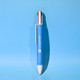 A blue eco pen with a textured white barrel and red and black ink tips, featuring a branding logo.