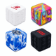A set of four colourful Popper Cubes in various designs: white, mixed bright colours, blue and white, and black with a logo.