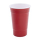 A drink cup with a red exterior and white interior, featuring a logo on its surface.