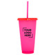 A drink bottle in vibrant pink with a contrasting red lid and straw, featuring a logo design.