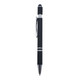 A black metal pen with a textured grip and a silver clip, featuring a logo on its body.