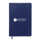 A navy blue A5 notebook with a flexible cover and an elastic band, featuring a logo on the front.
