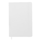 A white A5 notebook with a textured cover, featuring an elastic band and a ribbon marker. It has a logo on the front.