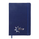 A blue A5 notebook with a textured cover and an elastic band, featuring a logo on the front.