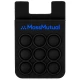 A black silicone phone wallet with nine circular poppers and a logo.