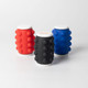 A set of three drink bottles in red, black, and blue with a textured grip and a logo on top.