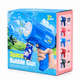 A blue bubble gun with ten holes for emitting bubbles, displayed in a colourful box featuring various colour options.